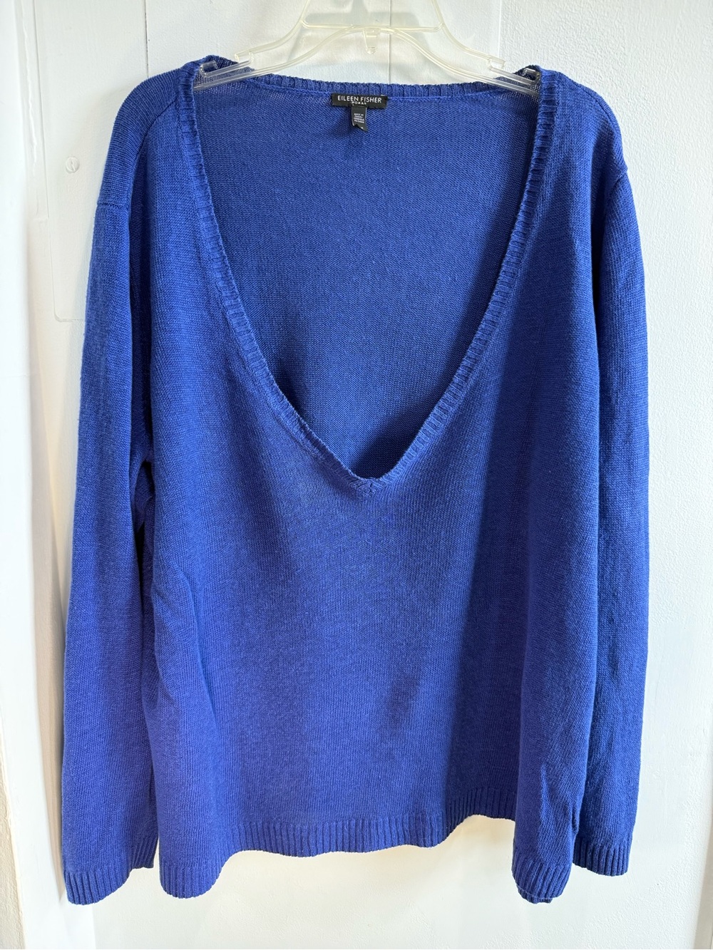 Eileen Fisher Organic Linen Deep V-Neck Sweater in Cobalt Blue